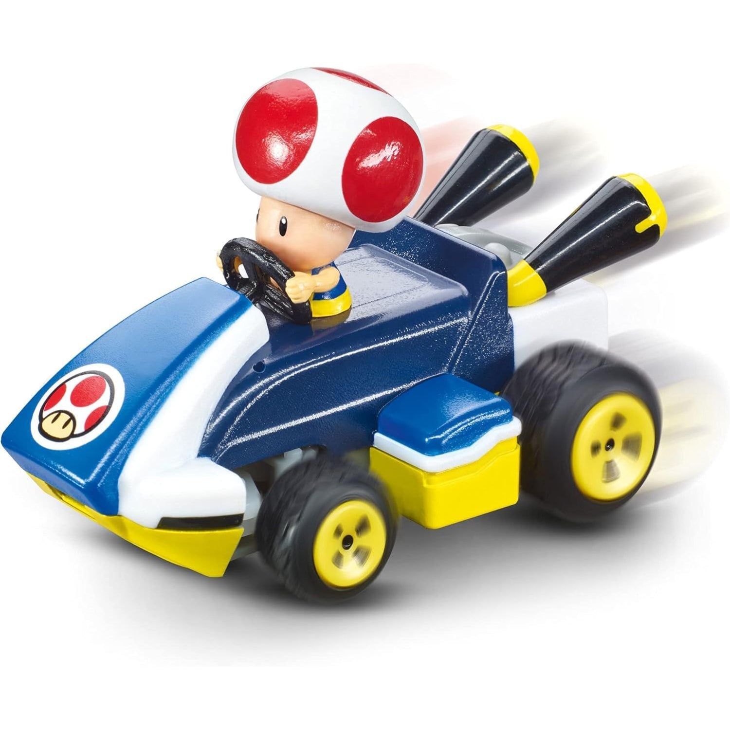 Coche de juguete de Toad, modelo azul y amarillo, vista lateral, acelerando